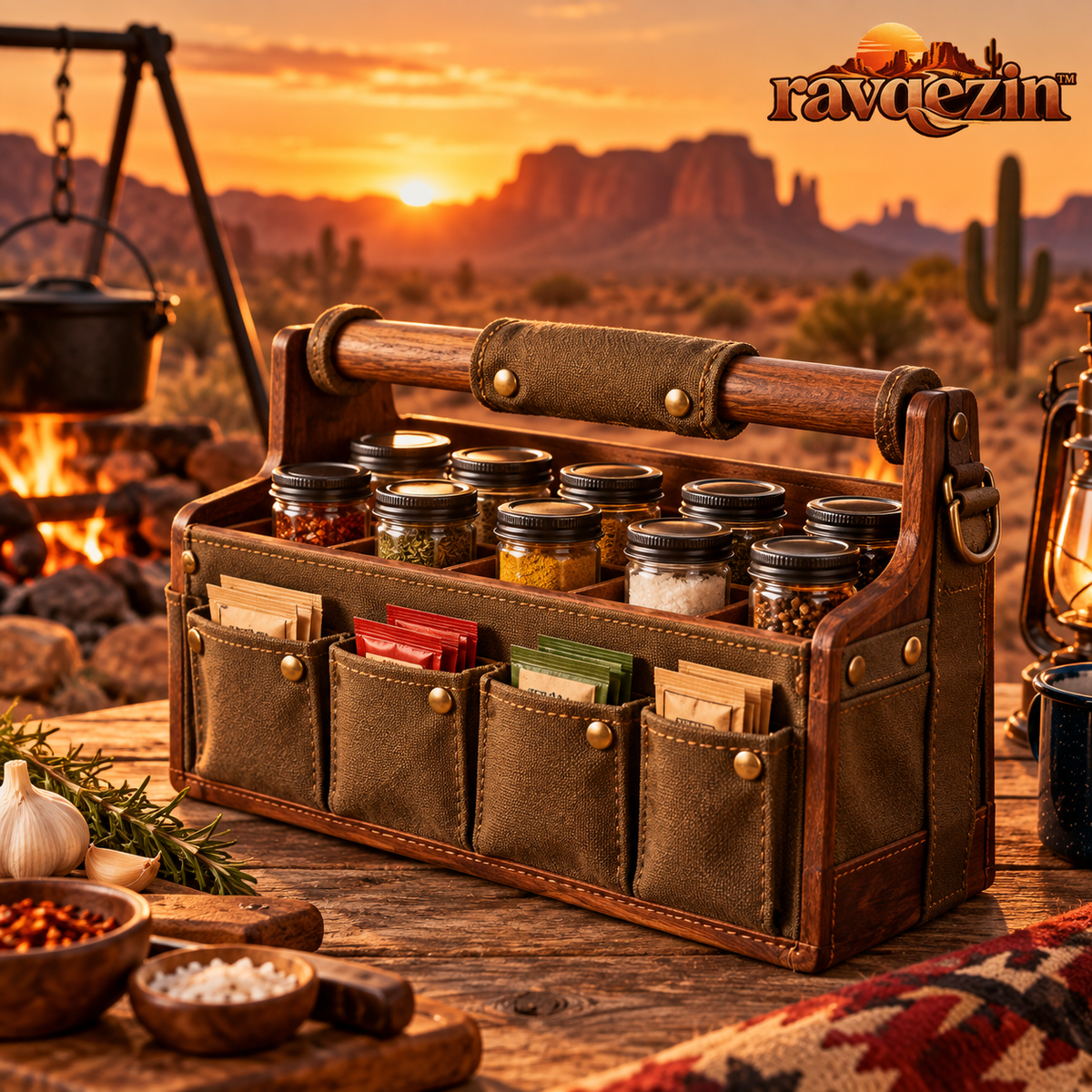 ravqezin™ Wood & Canvas Camp Spice Organizer image 1